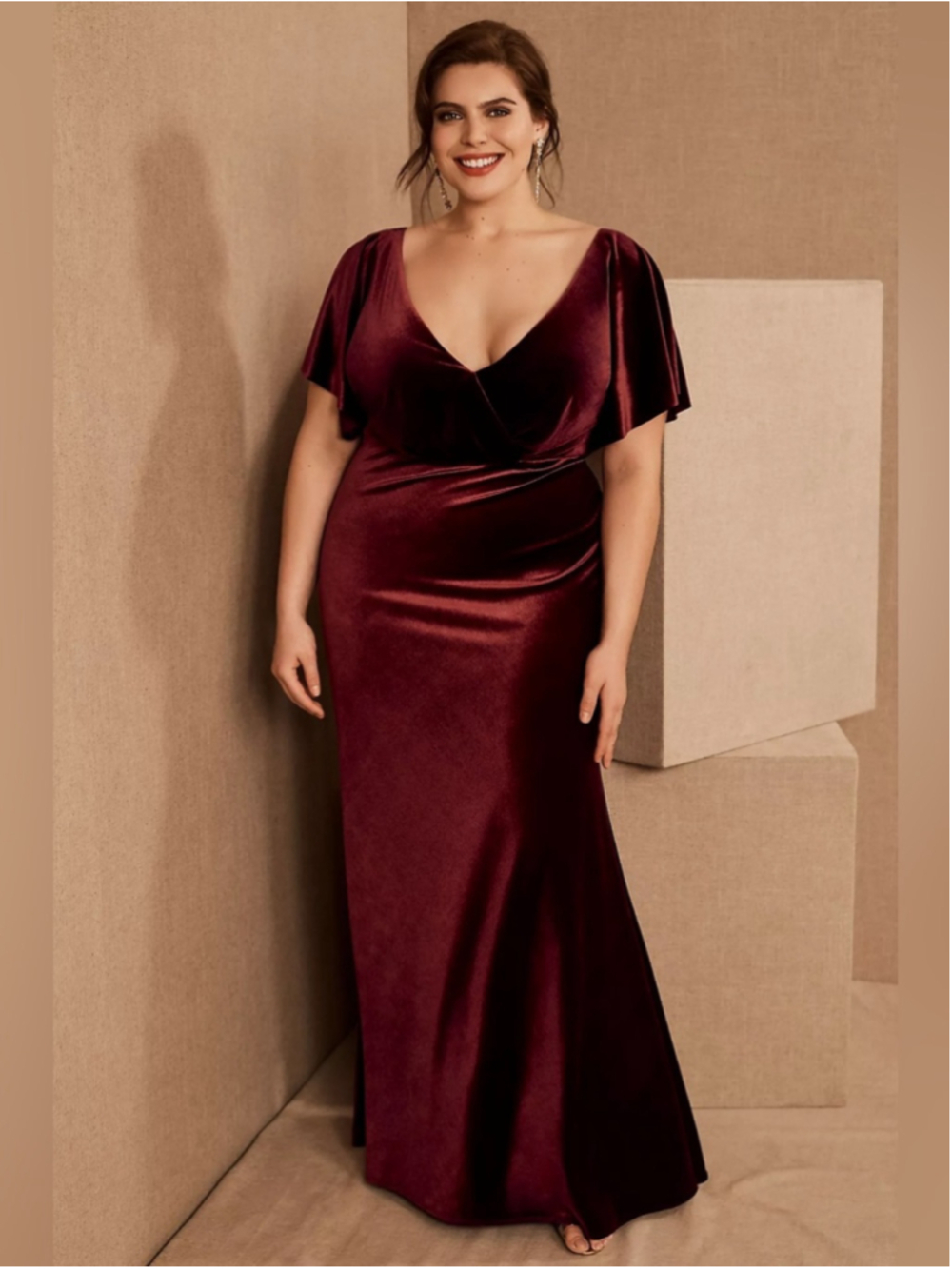 ANTHROPOLOGIE Jenny Yoo Ellis Flutter-Sleeve Open-Back Stretch Velvet Gown